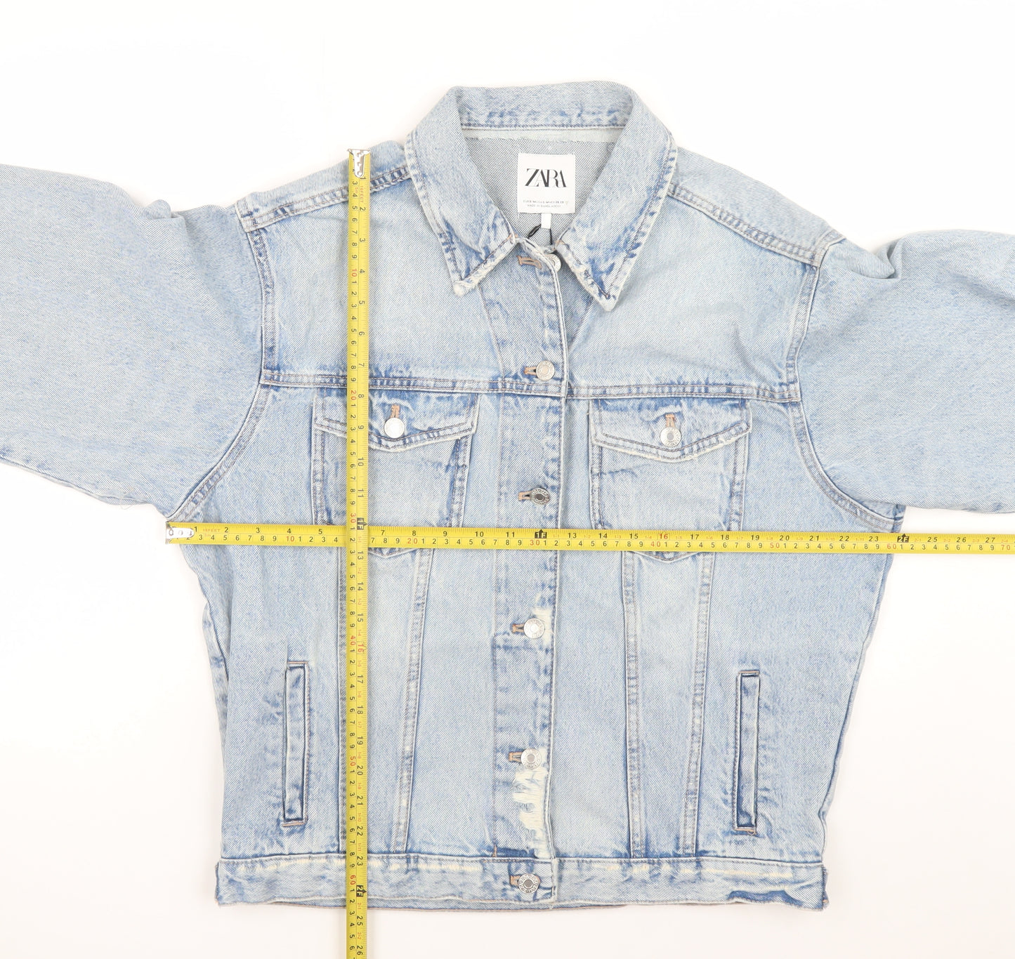 ZARA Women Blue Denim Jacket Size S Distressed Relaxed Fit