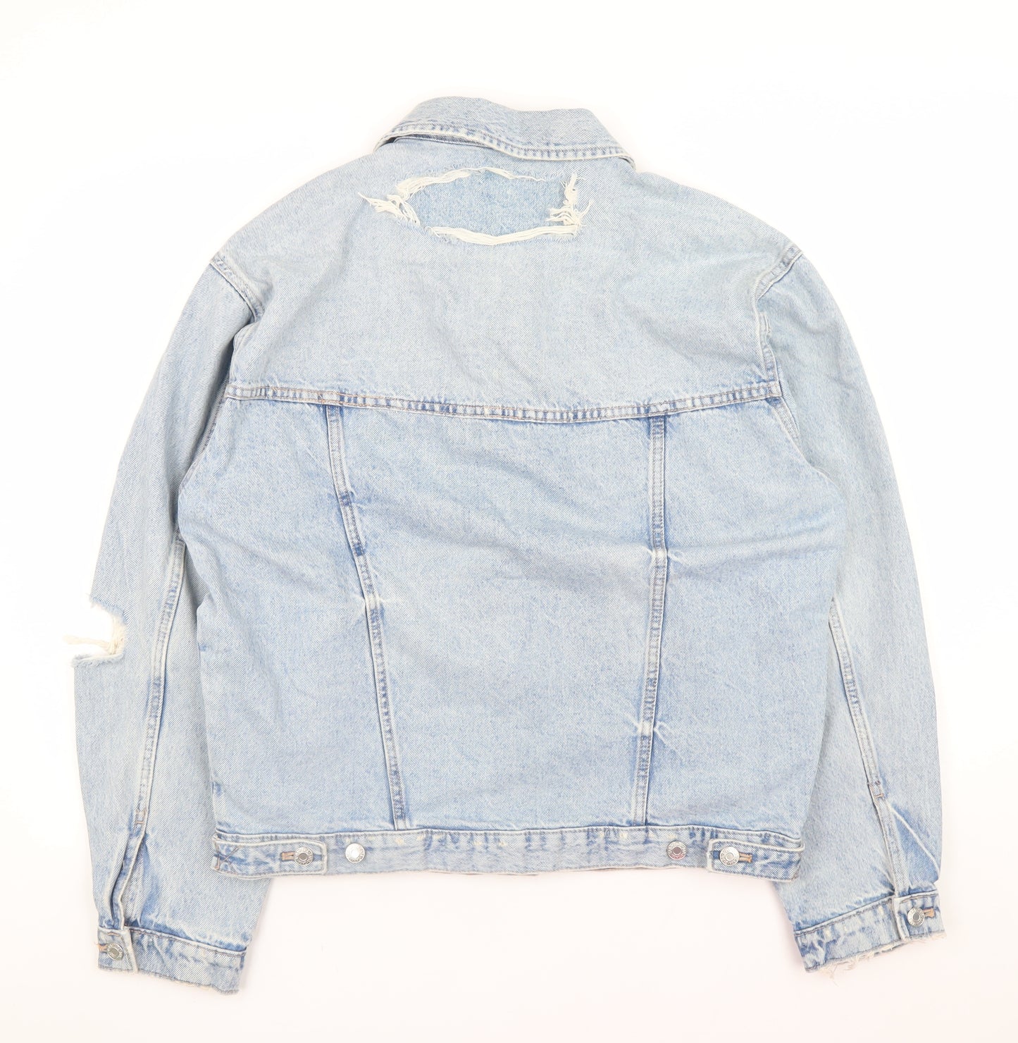 ZARA Women Blue Denim Jacket Size S Distressed Relaxed Fit