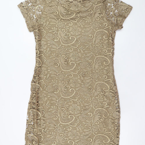 Next Women Beige Lace Bodycon Short Sleeve Dress Size 14