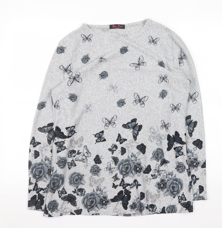 Xin Da Women’s Grey Floral Butterfly Long Sleeve Pullover Jumper L/XL