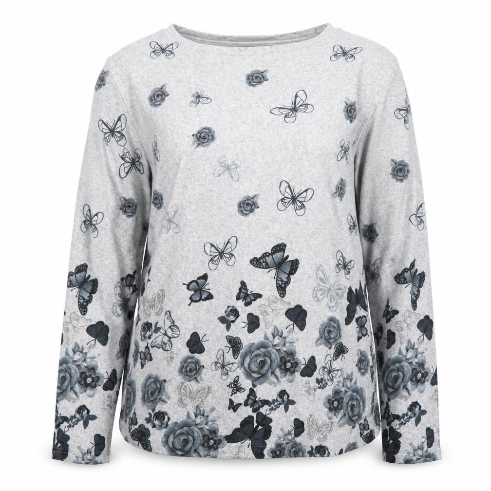 Xin Da Women’s Grey Floral Butterfly Long Sleeve Pullover Jumper L/XL