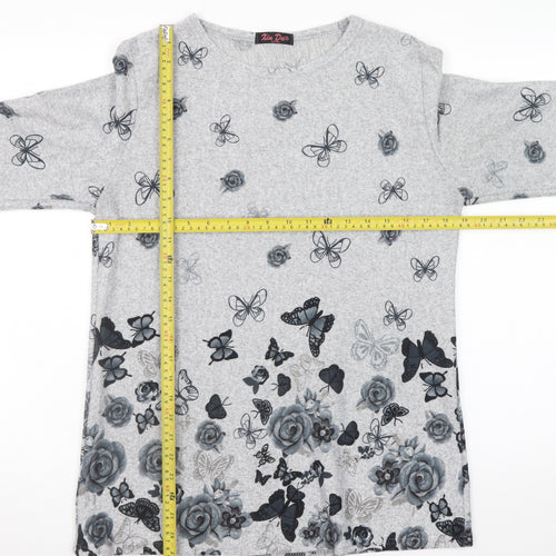 Xin Da Women’s Grey Floral Butterfly Long Sleeve Pullover Jumper L/XL