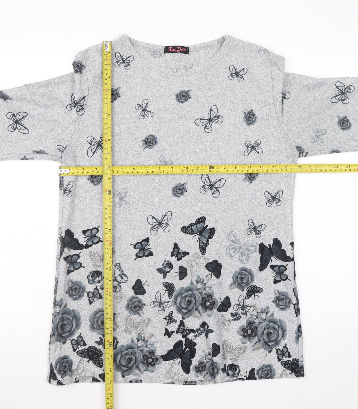 Xin Da Women’s Grey Floral Butterfly Long Sleeve Pullover Jumper L/XL