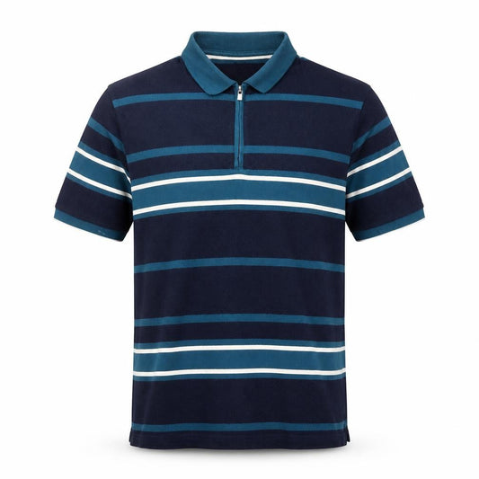 Front view of Dunnes Men's Blue Striped Regular Fit Polo Shirt, size S