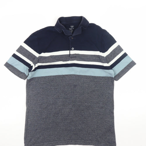 Marks and Spencer Men's Blue Striped Cotton Polo Shirt Size S Regular Fit