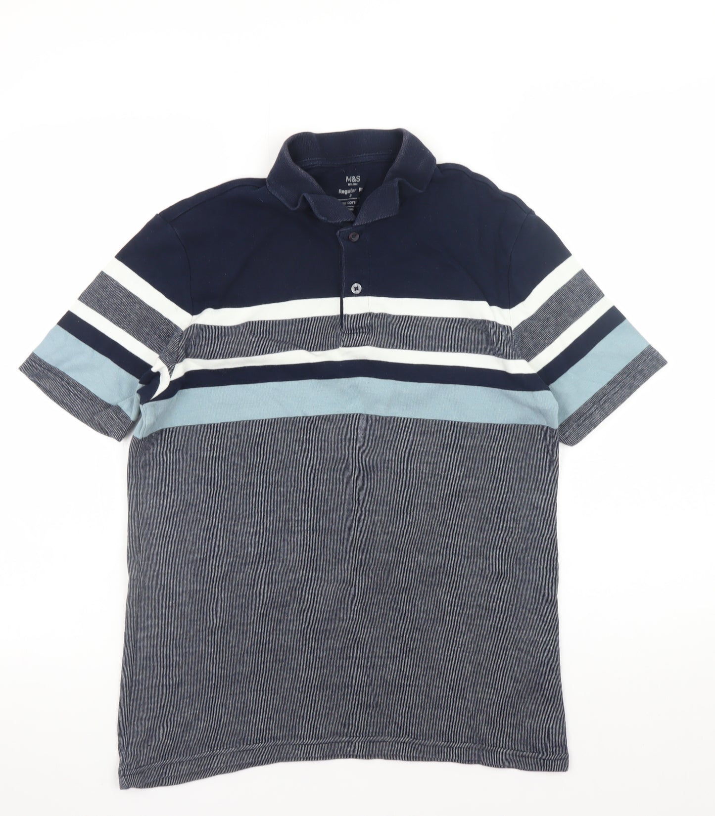 Marks and Spencer Men's Blue Striped Cotton Polo Shirt Size S Regular Fit