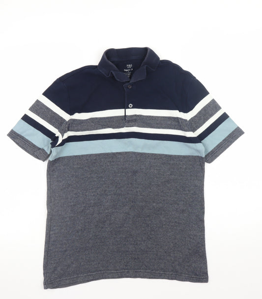 Marks and Spencer Men's Blue Striped Cotton Polo Shirt Size S Regular Fit