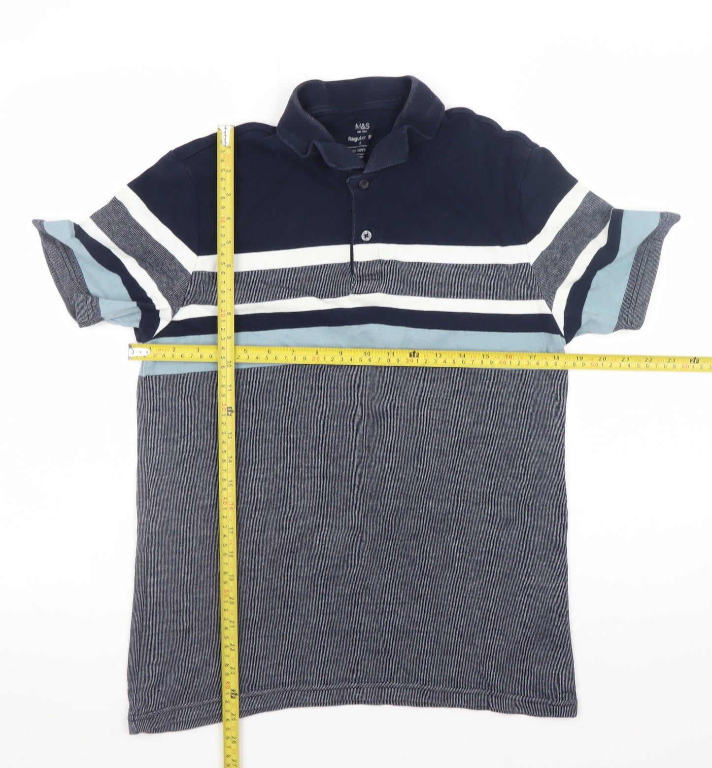 Marks and Spencer Men's Blue Striped Cotton Polo Shirt Size S Regular Fit