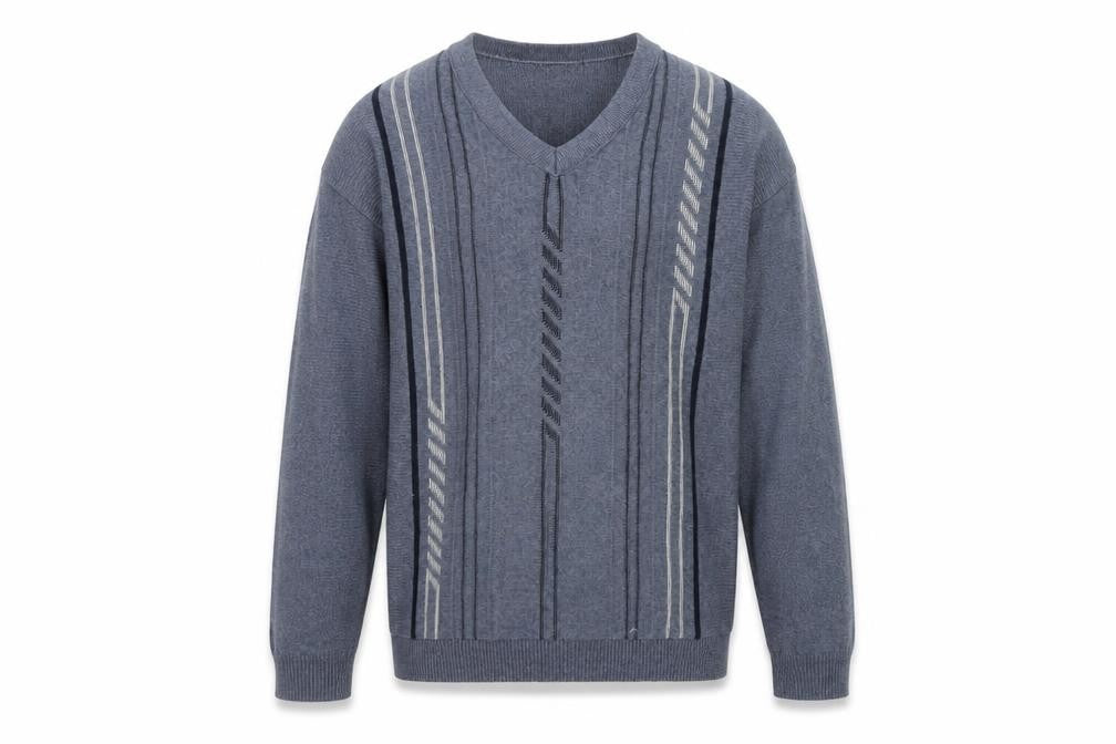 Front view of Dunnes Men Blue Geometric V-Neck jumper, size S