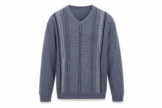 Front view of Dunnes Men Blue Geometric V-Neck jumper, size S