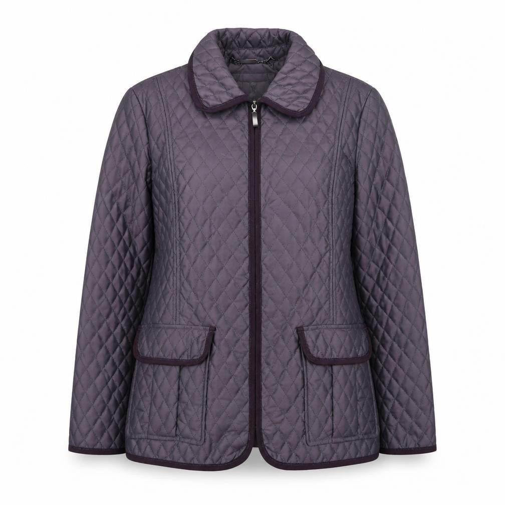 Front view of Country Casuals Petite Women's Purple Quilted Mid-Length Zip Jacket, size 8
