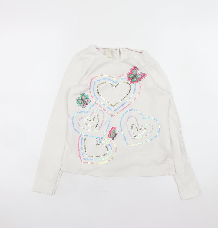 Monsoon Teens White Long Sleeve Heart Sequin Cotton T-Shirt Size 10