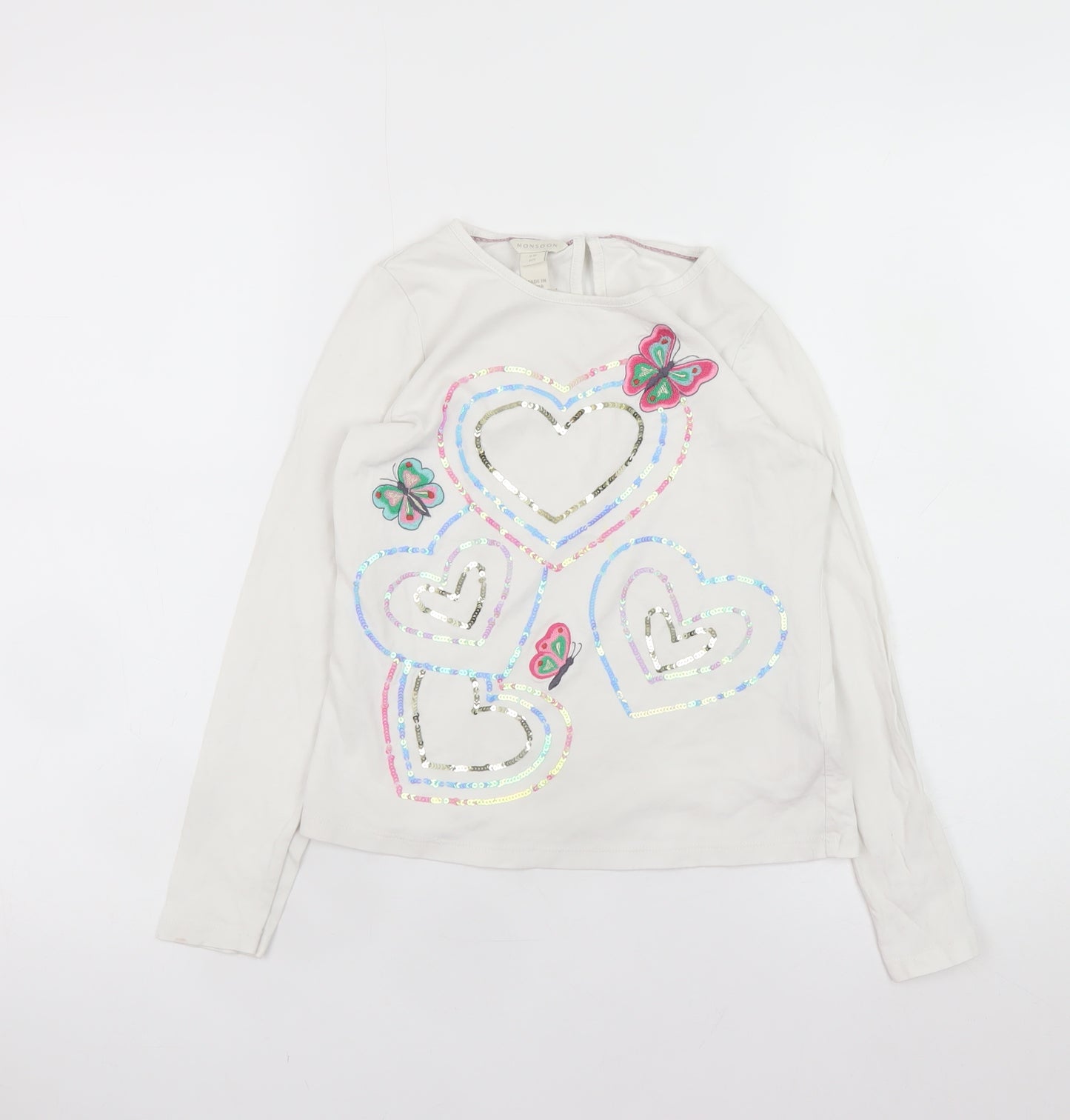 Monsoon Teens White Long Sleeve Heart Sequin Cotton T-Shirt Size 10