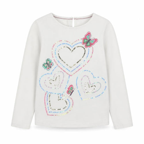 Monsoon Teens White Long Sleeve Heart Sequin Cotton T-Shirt Size 10