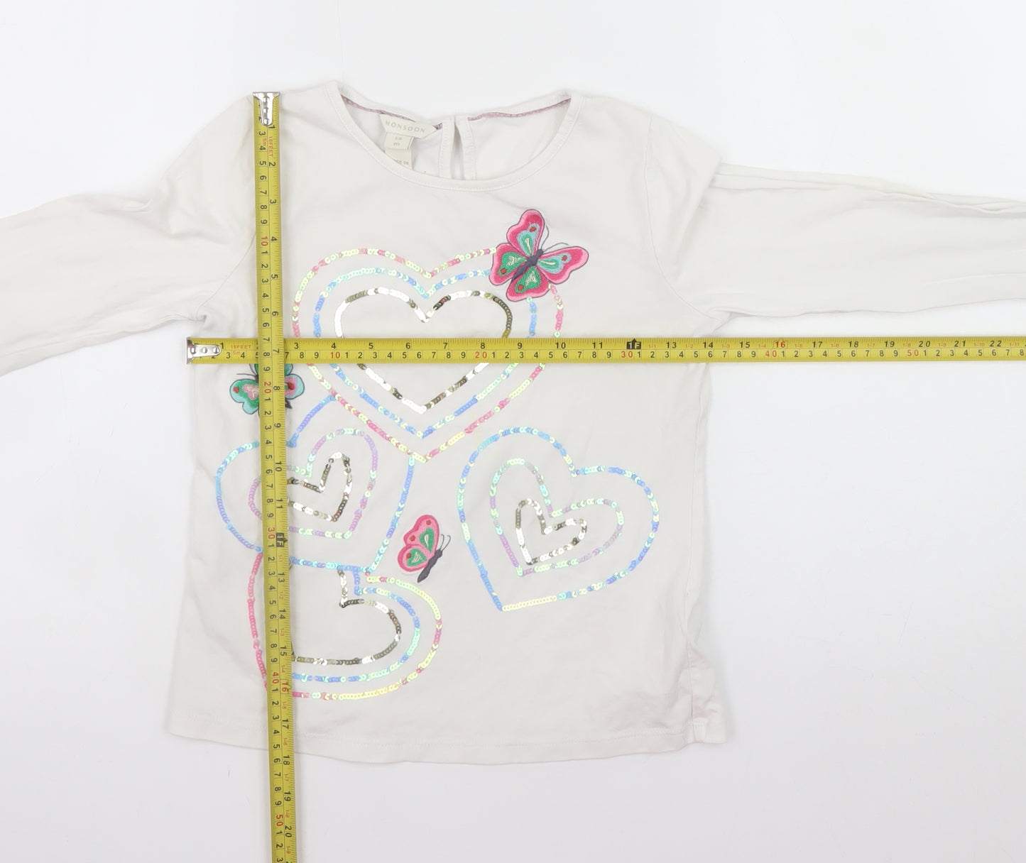 Monsoon Teens White Long Sleeve Heart Sequin Cotton T-Shirt Size 10