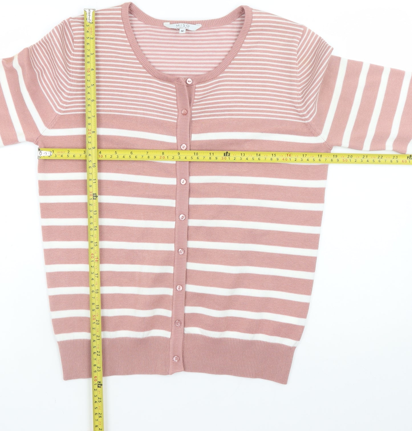 Miso Women Pink Striped Knit Cardigan Jumper Size M