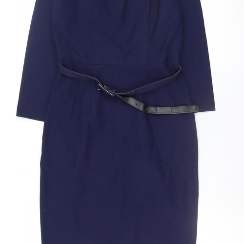 MUXXN Women Blue Bodycon Knee Length 3/4 Sleeve High Neck Work Dress Size S