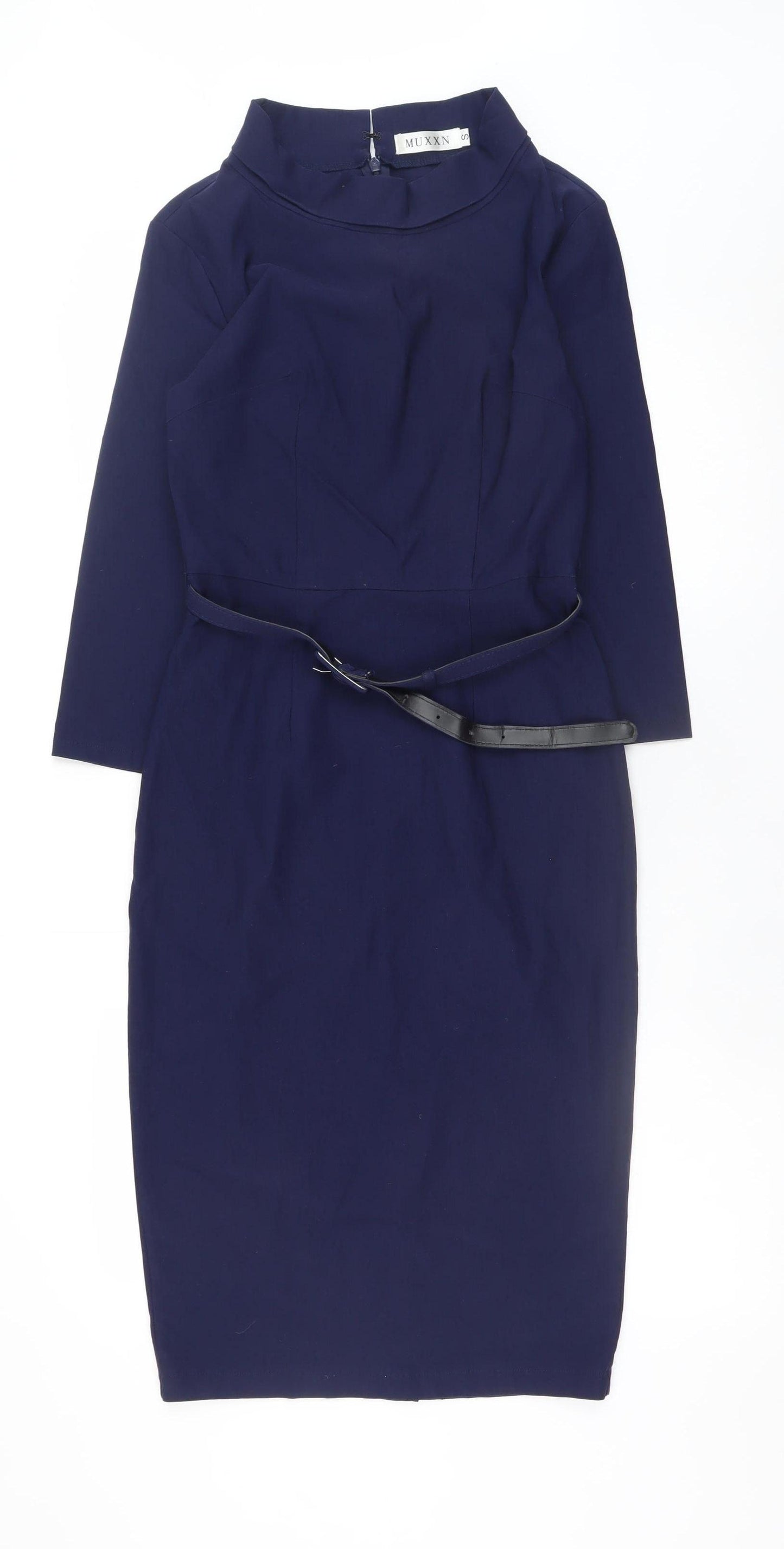 MUXXN Women Blue Bodycon Knee Length 3/4 Sleeve High Neck Work Dress Size S