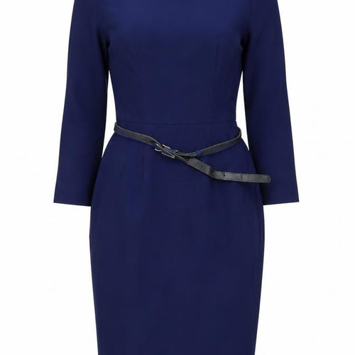MUXXN Women Blue Bodycon Knee Length 3/4 Sleeve High Neck Work Dress Size S