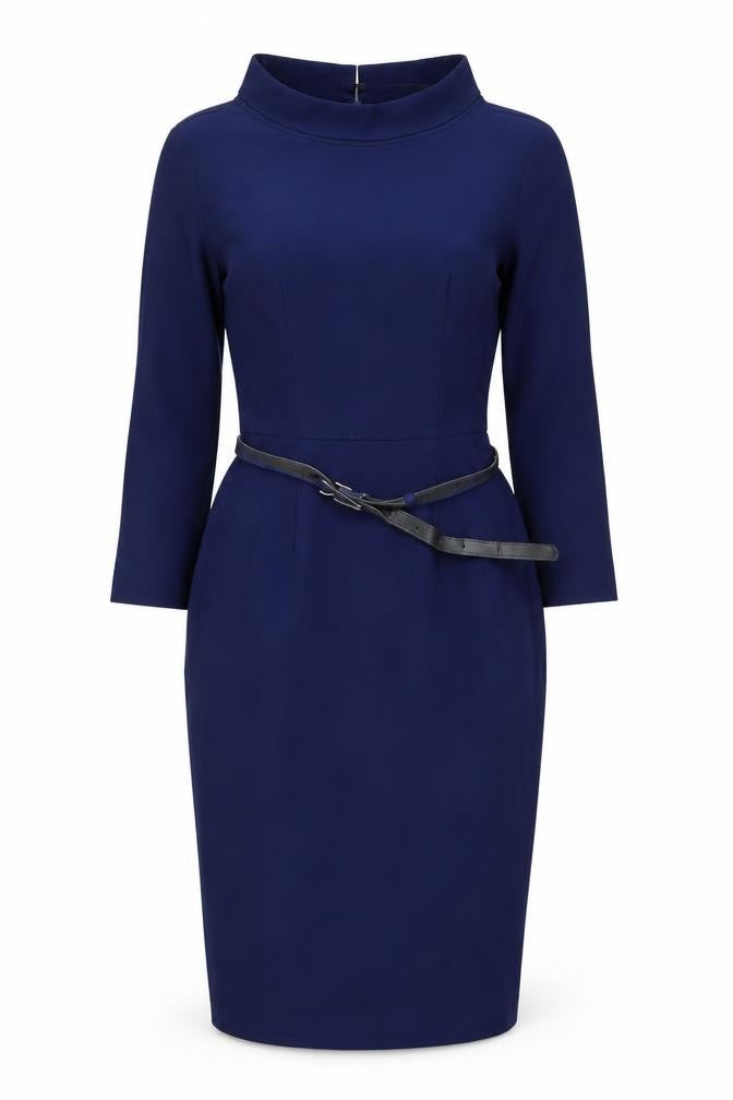 MUXXN Women Blue Bodycon Knee Length 3/4 Sleeve High Neck Work Dress Size S