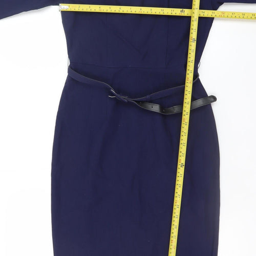 MUXXN Women Blue Bodycon Knee Length 3/4 Sleeve High Neck Work Dress Size S