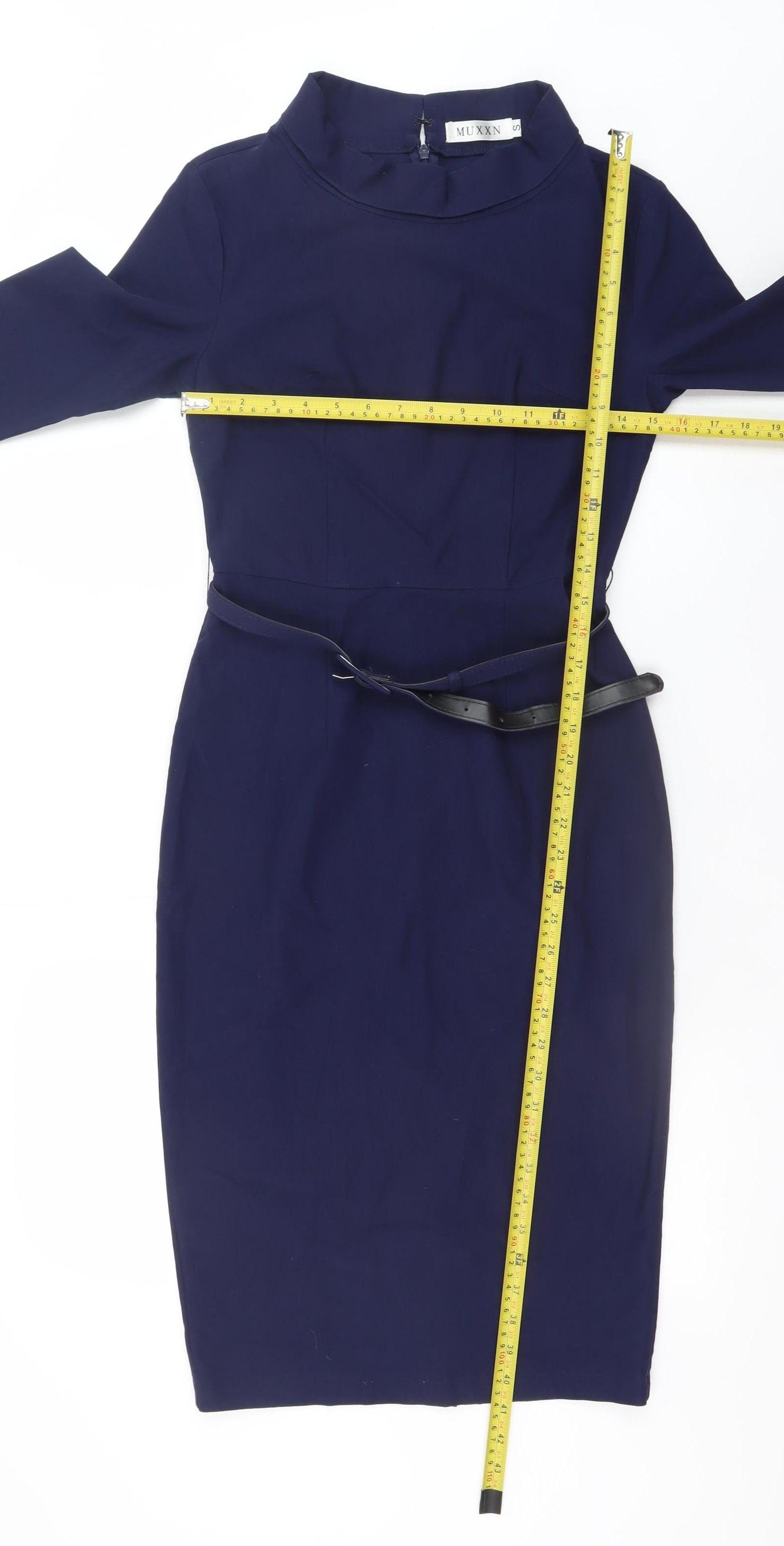 MUXXN Women Blue Bodycon Knee Length 3/4 Sleeve High Neck Work Dress Size S