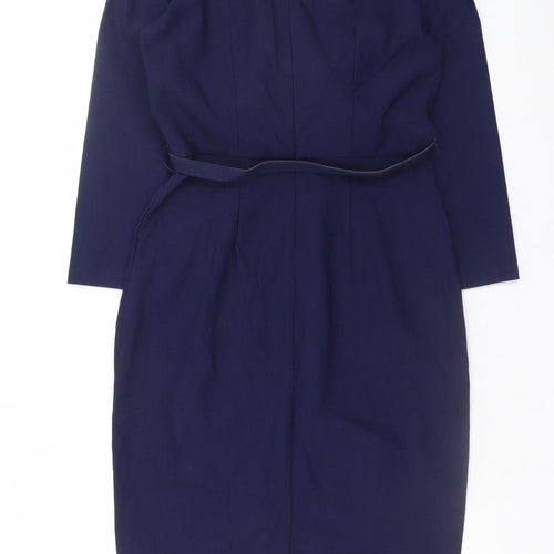 MUXXN Women Blue Bodycon Knee Length 3/4 Sleeve High Neck Work Dress Size S