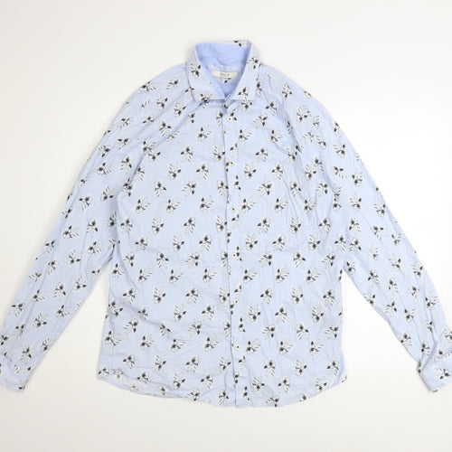 Jack & Jones Men's Blue Floral Long Sleeve Cotton Button-Up Shirt Size L 42