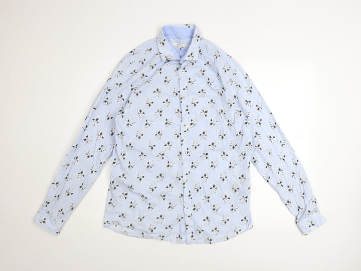 Jack & Jones Men's Blue Floral Long Sleeve Cotton Button-Up Shirt Size L 42