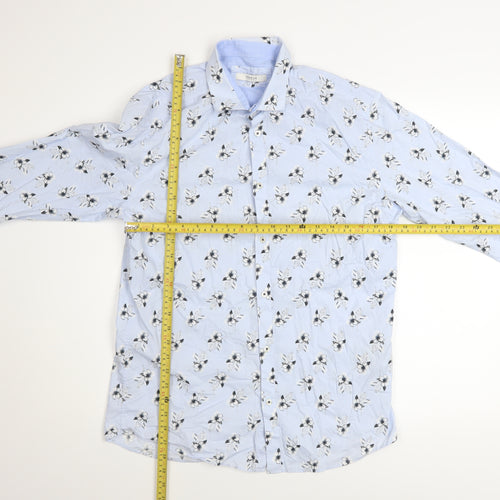Jack & Jones Men's Blue Floral Long Sleeve Cotton Button-Up Shirt Size L 42
