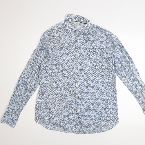 Mango Man Blue Slim Fit Geometric Cotton Long Sleeve Shirt M
