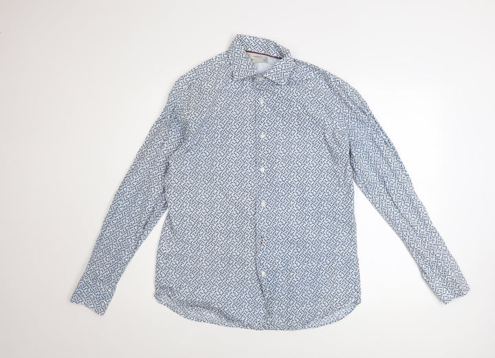 Mango Man Blue Slim Fit Geometric Cotton Long Sleeve Shirt M