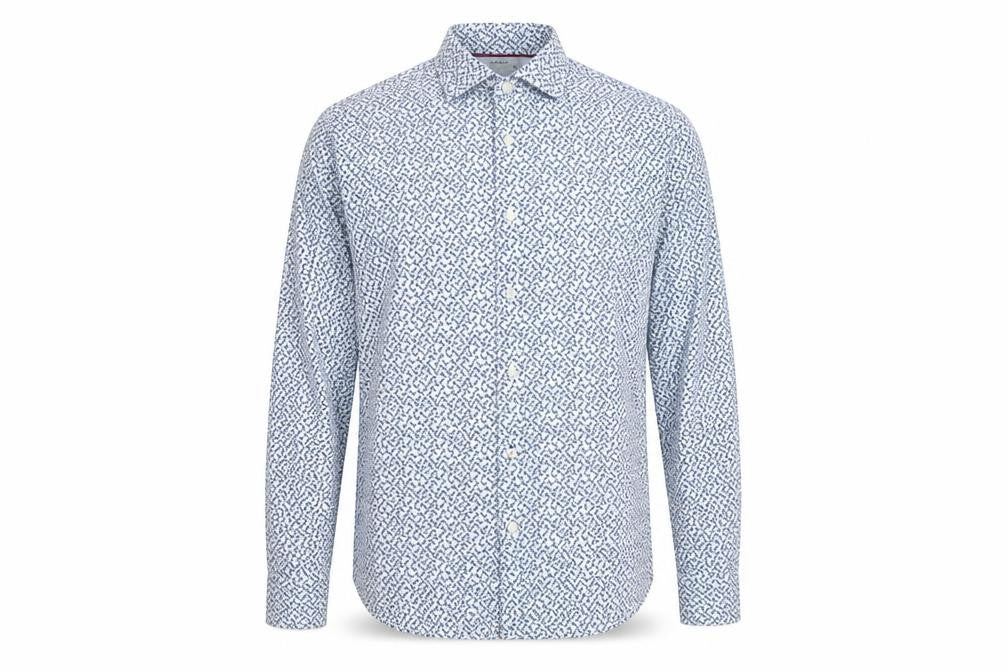 Front view of Mango Man Blue Slim Fit Geometric Cotton Long Sleeve Shirt M
