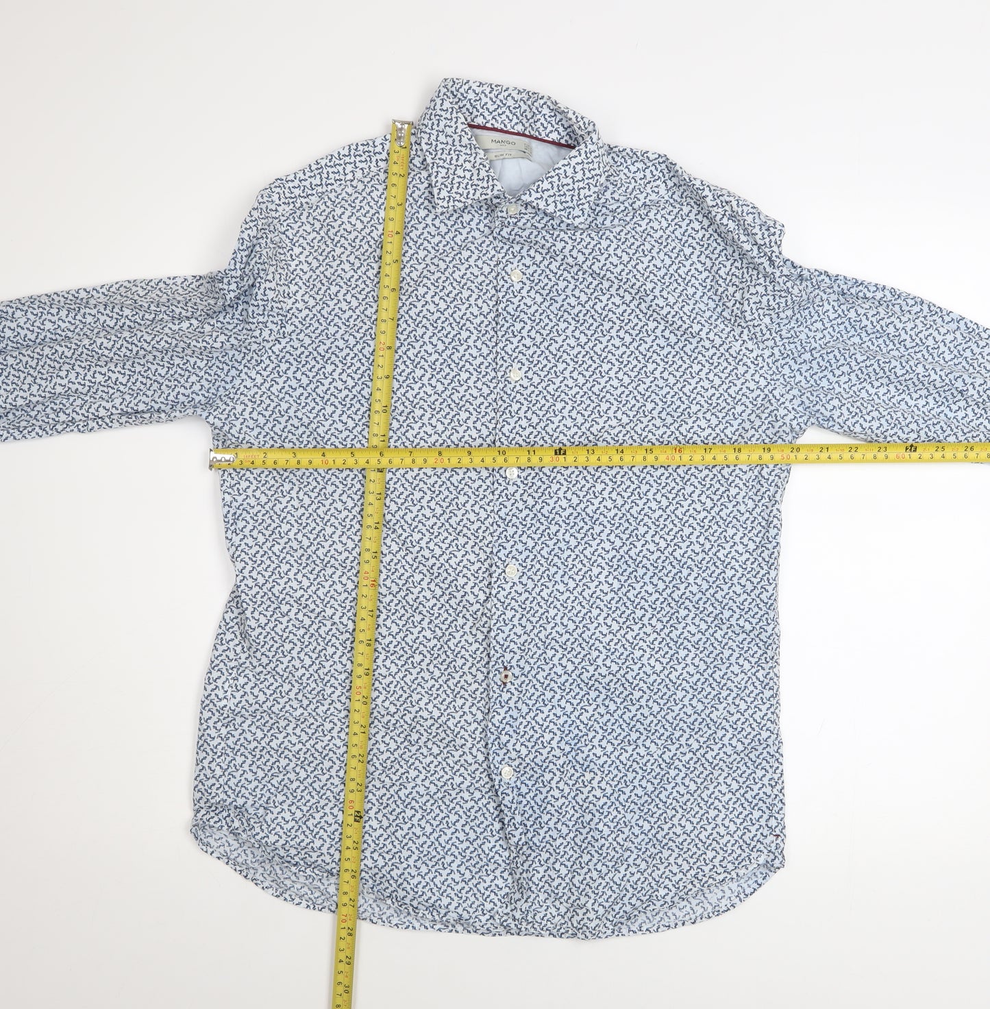 Mango Man Blue Slim Fit Geometric Cotton Long Sleeve Shirt M