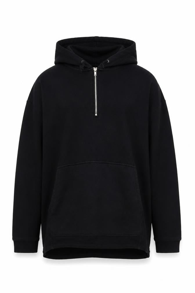 Front view of ASOS Men's Black 1/2 Zip Pullover Hoodie, size M