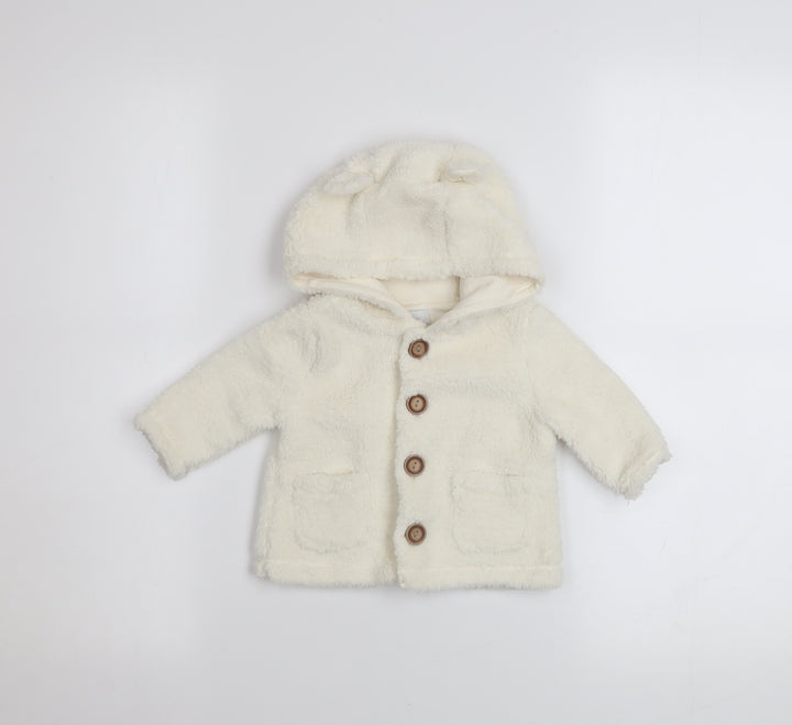 babyGap Unisex Ivory Fleece Hooded Button Coat 3-6 Months