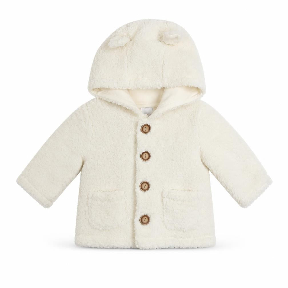 babyGap Unisex Ivory Fleece Hooded Button Coat 3-6 Months