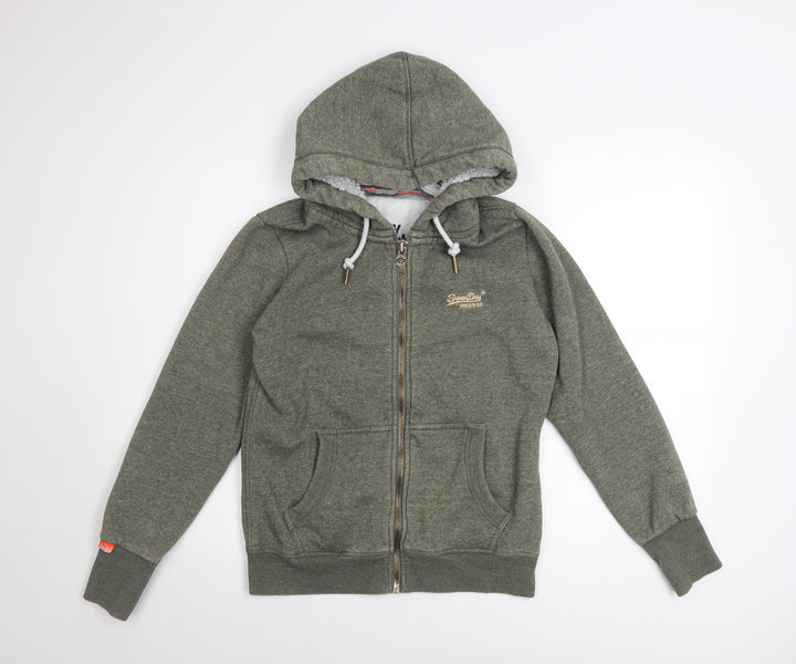 Superdry Women Green Full Zip Hoodie UK 14 Lined Glitter Logo Casual