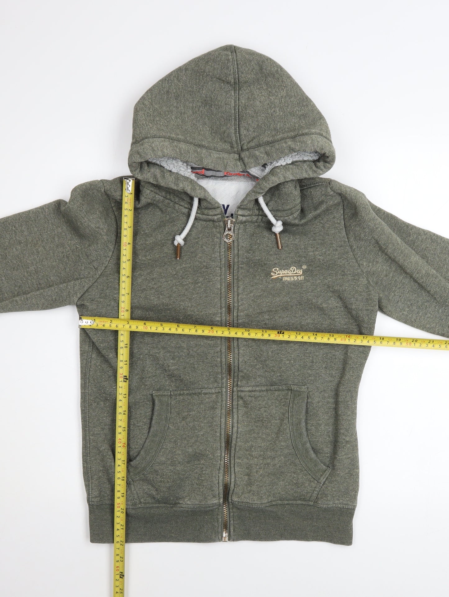 Superdry Women Green Full Zip Hoodie UK 14 Lined Glitter Logo Casual