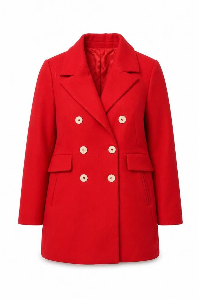 Mango Women’s Red Pea Coat Size 16 Double-Breasted Classic Mid-Length