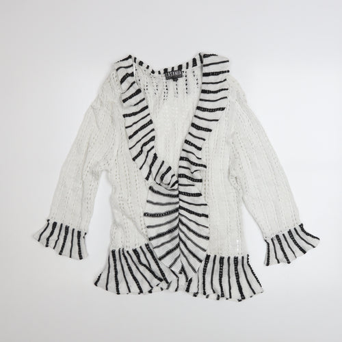 Casamia Women’s White Striped Ruffle Knit Open Cardigan S