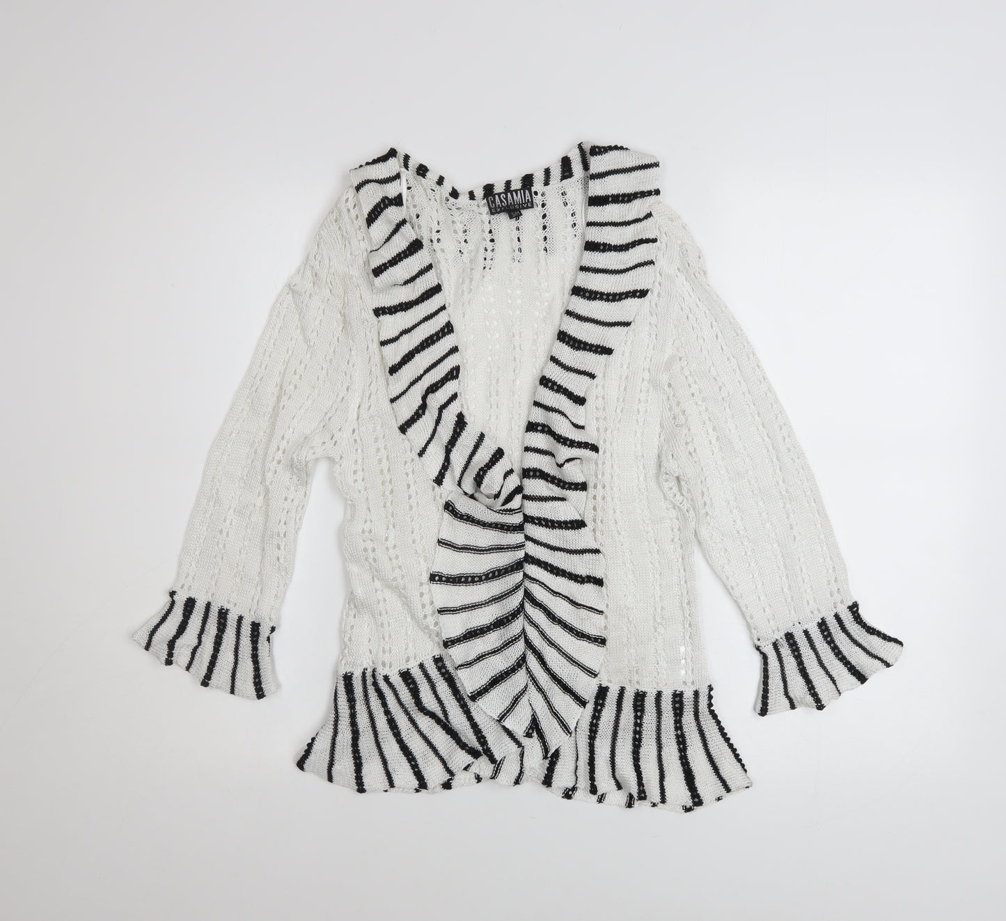 Casamia Women’s White Striped Ruffle Knit Open Cardigan S