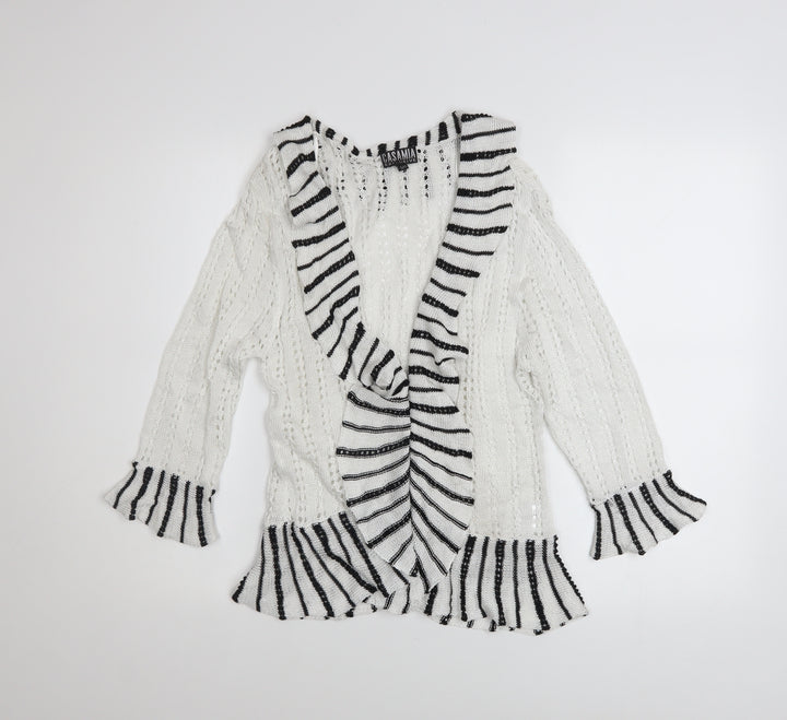 Casamia Women’s White Striped Ruffle Knit Open Cardigan S