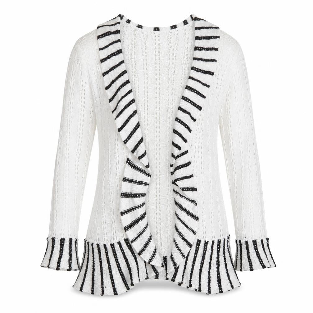 Casamia Women’s White Striped Ruffle Knit Open Cardigan S
