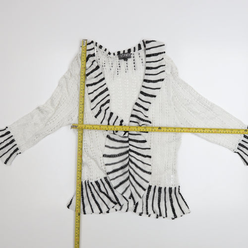 Casamia Women’s White Striped Ruffle Knit Open Cardigan S