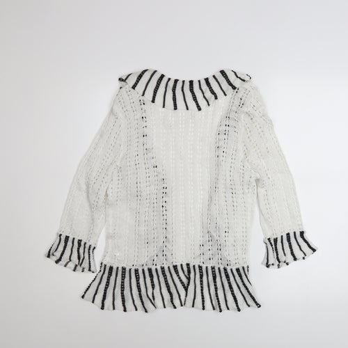 Casamia Women’s White Striped Ruffle Knit Open Cardigan S