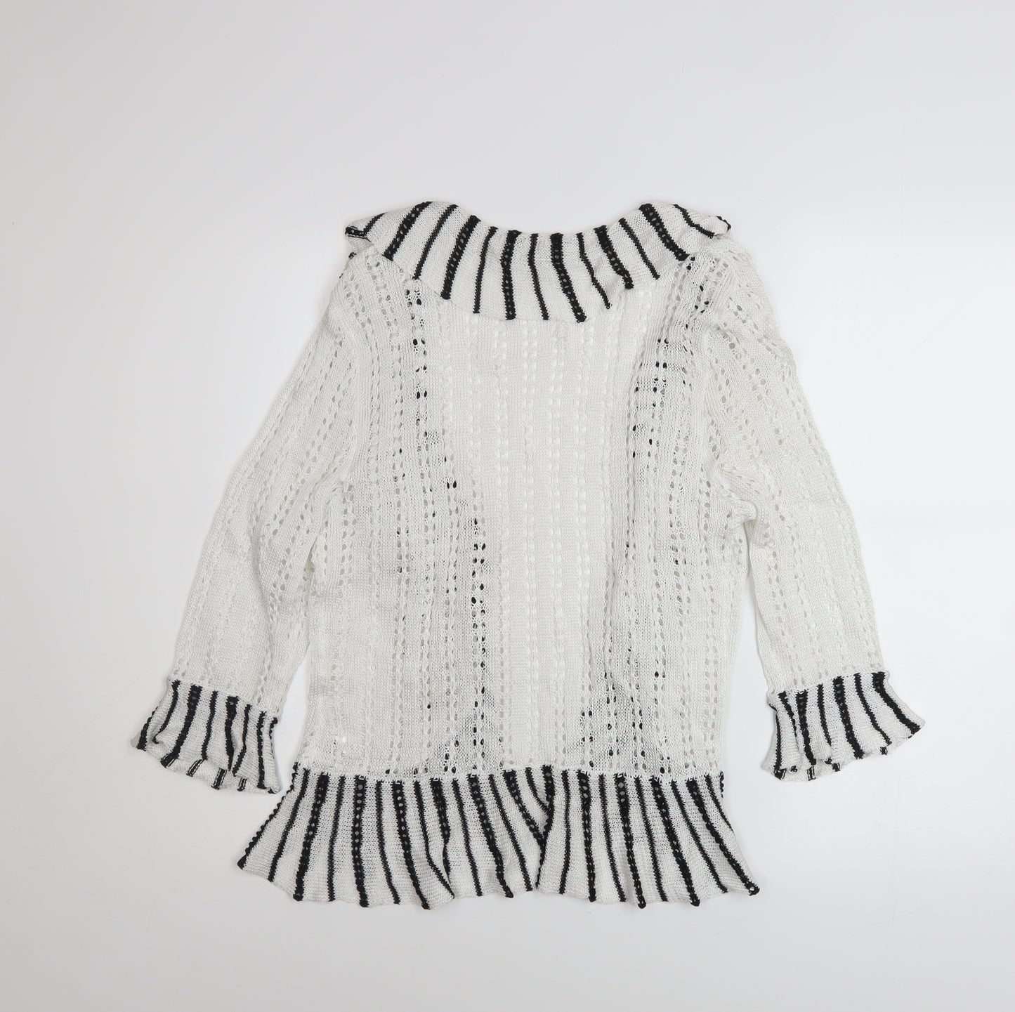 Casamia Women’s White Striped Ruffle Knit Open Cardigan S