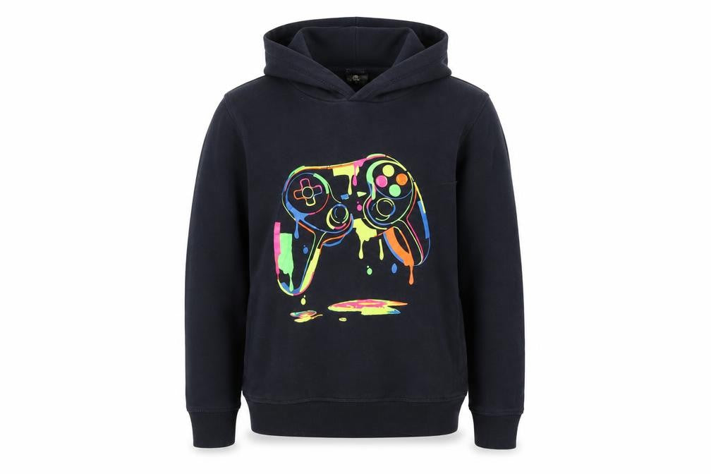 Front view of Next boys’ black gaming graphic pullover hoodie 11 years cotton blend
