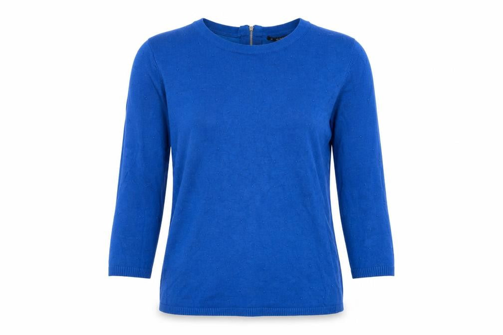 Front view of Dunnes Women’s Blue Crew Neck 3/4 Sleeve Knit jumper, size S
