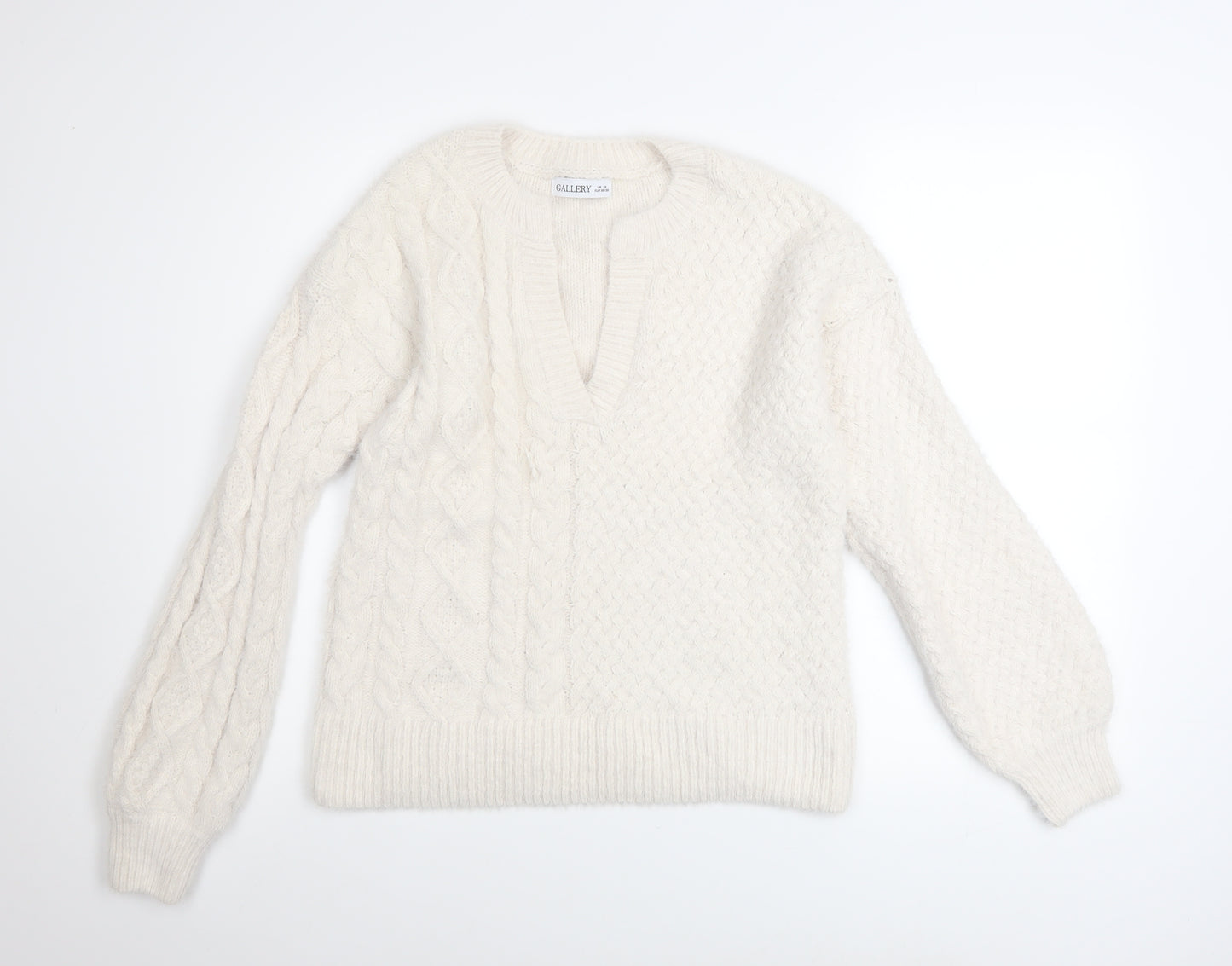 Gallery Women’s Ivory Cable Knit V-Neck Jumper Size S